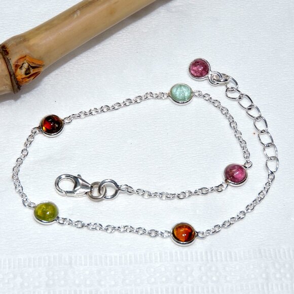 Tourmaline Gemstone Bracelets, 925 Sterling Silver, Bezel Multi Clour Tourmaline - Picture 9 of 10